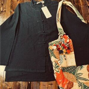 Dark Blue Mandarin Collar Blouse